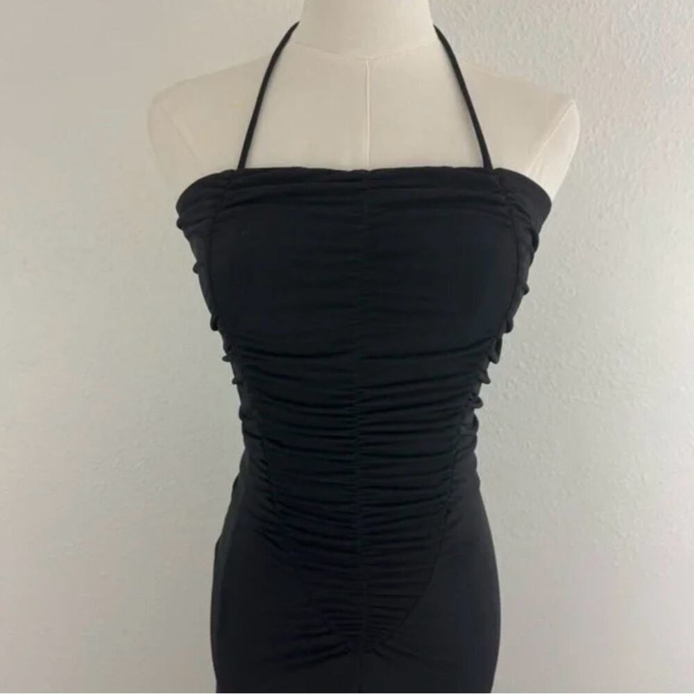 Whimsygoth Black Ruched Halter Maxi Dress Size 12 Y2K Fairycore
